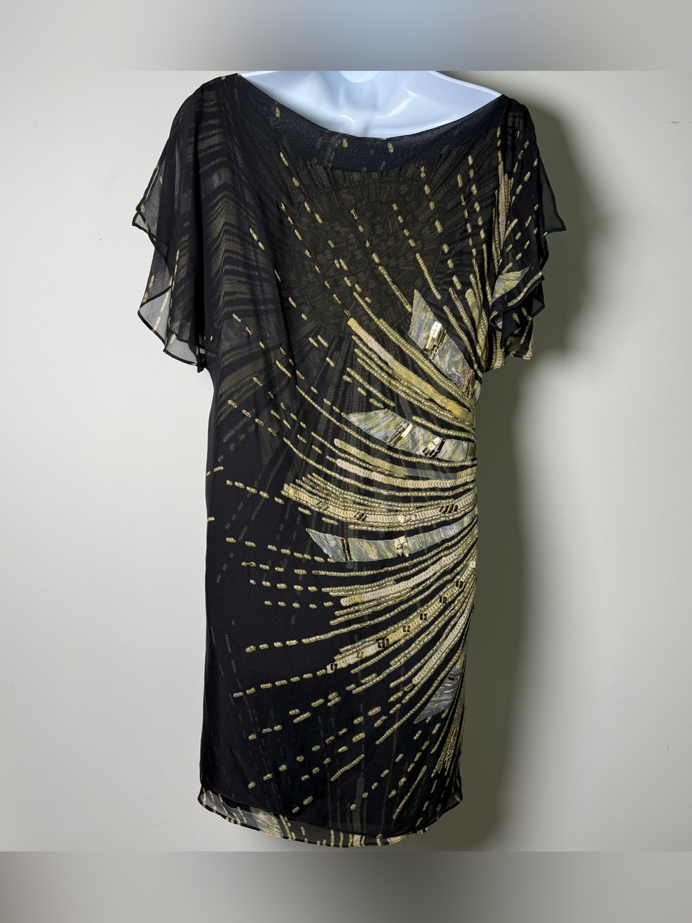 Diane von Furstenberg Silk Embellished Flutter Sleeve Dress Black Gold Art Deco - Picture 6 of 11